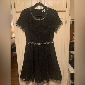 Rebecca Taylor Black Knit Embellished Frayed Detail Midi Dress size 4